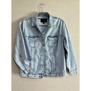 100% Cotton Oversized Light Wash Distressed Denim Jacket Banana Republic Size Sm